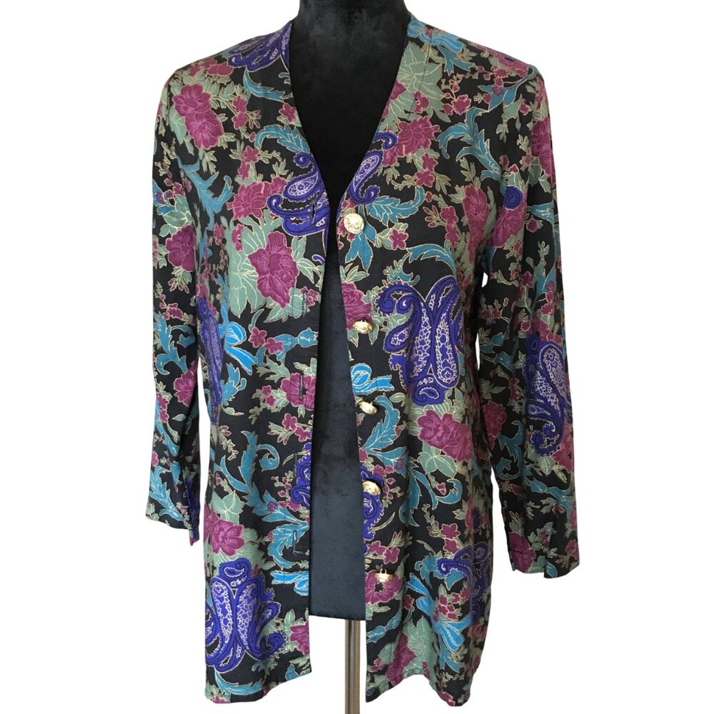 Leslie Fay Metallic Paisley Blouse VTG Rayon Tunic, Gold Rose Buttons Size Small